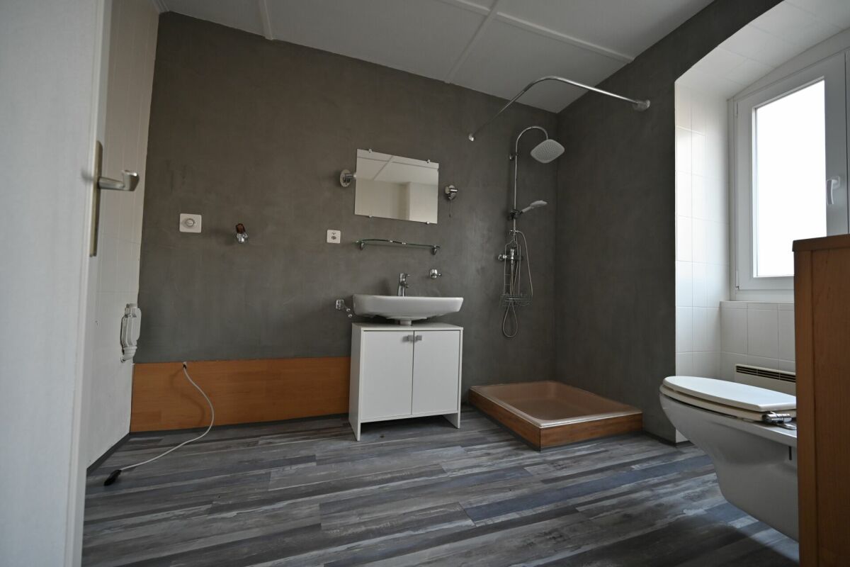 Badezimmer mit dunkler Akzentwand und Eckdusche