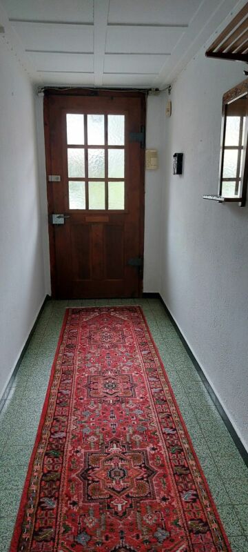 Flur mit Holztür und Läuferteppich