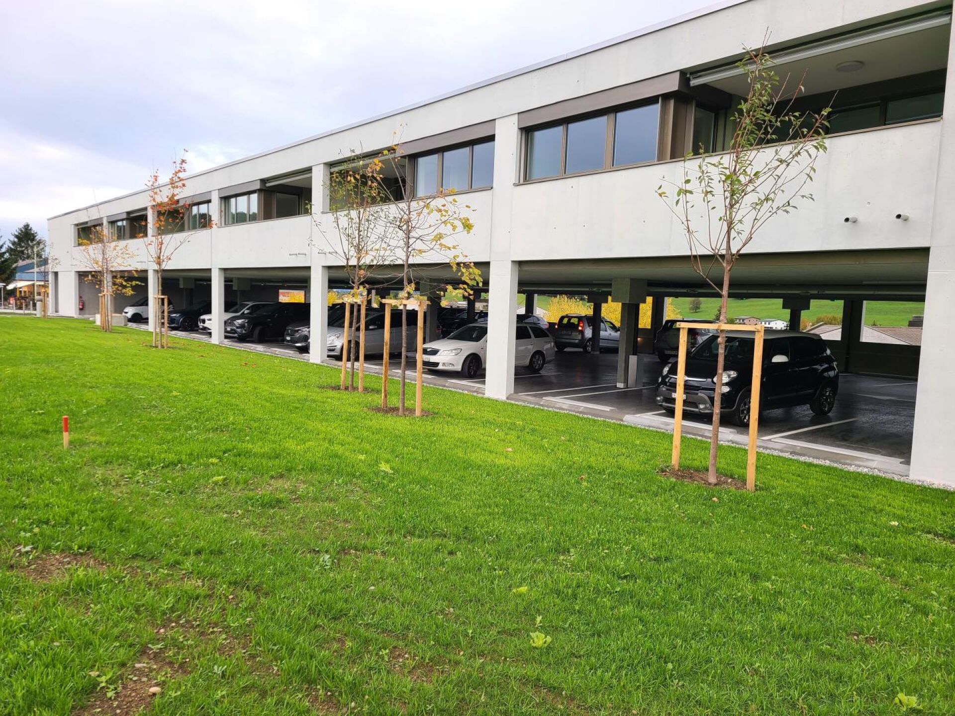 Modernes Carport- und Wohngebäude mit begrüntem Vorbereich