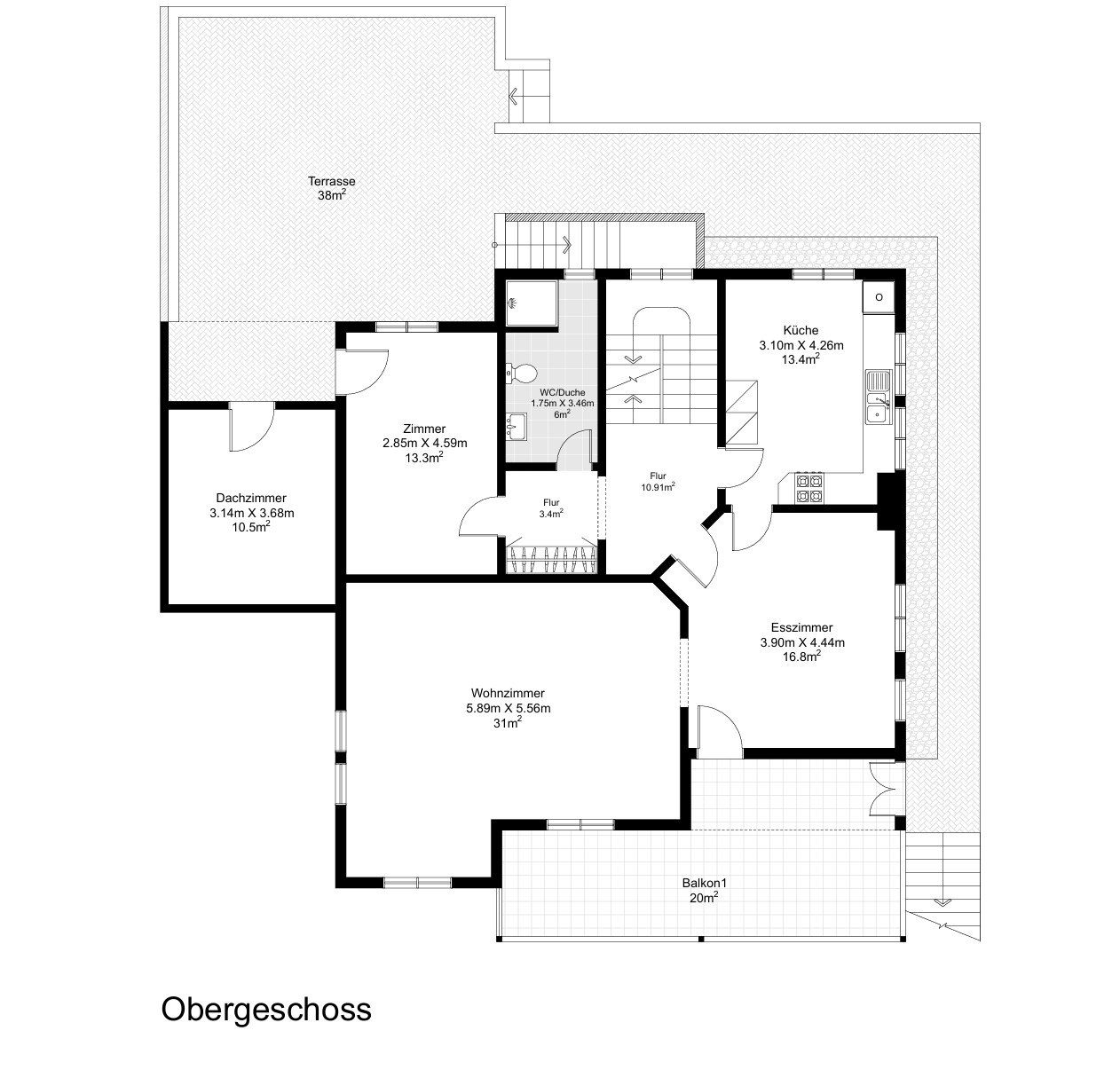 Obergeschoss-Grundriss mit Terrasse und Balkon