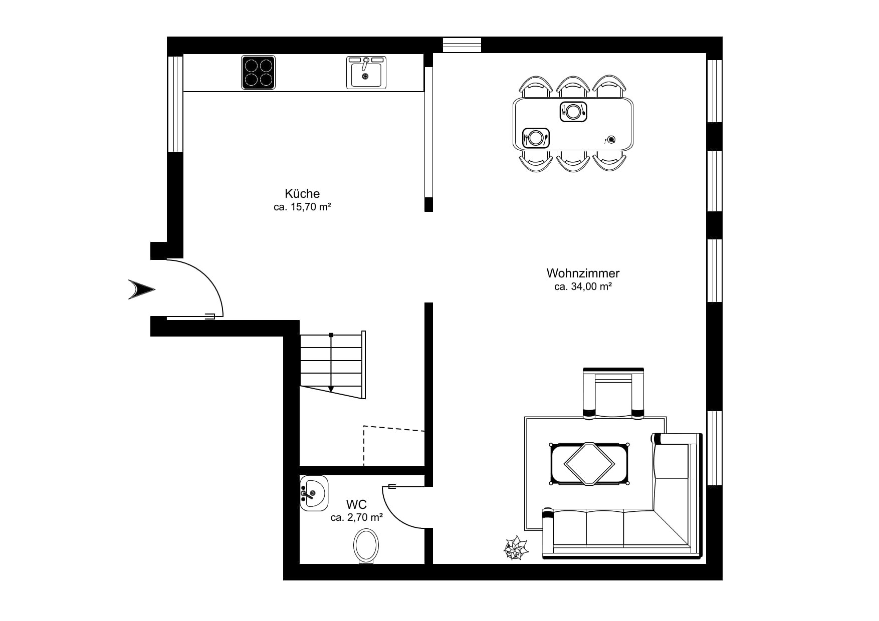 Grundriss von Küche, Wohnzimmer und WC
