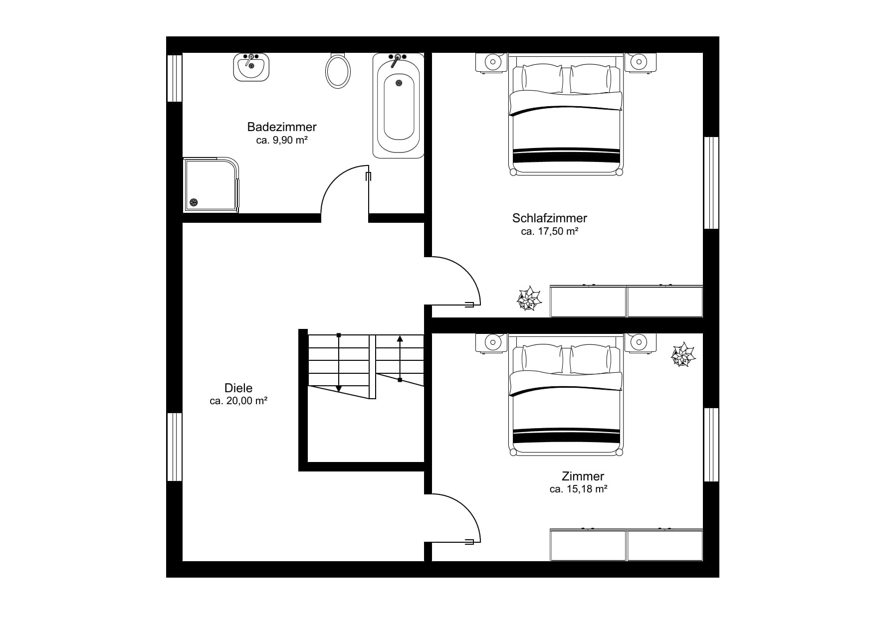 Grundriss eines Obergeschosses mit Schlafzimmer, Bad und Diele