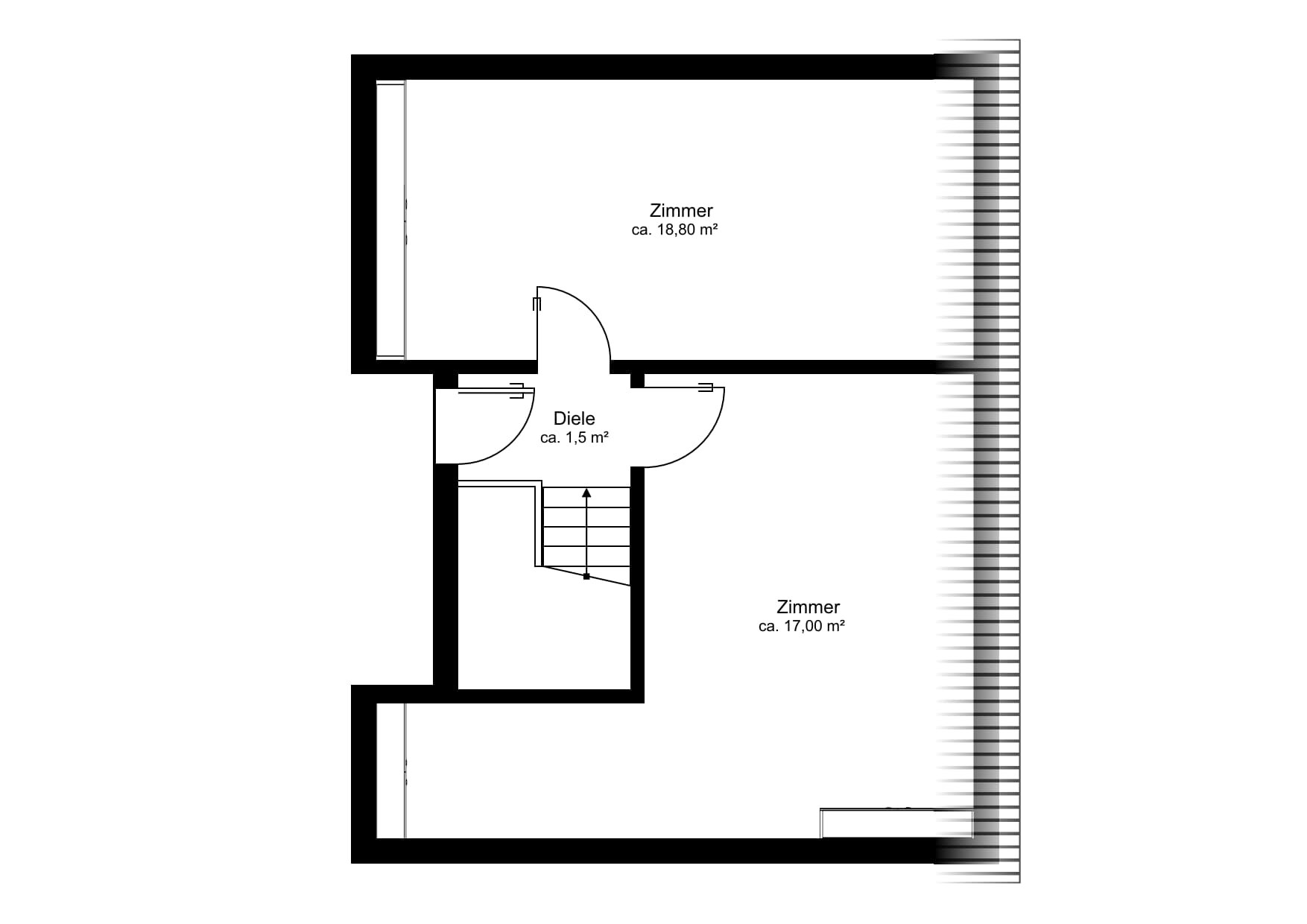 Grundriss mit zwei Zimmern und Diele