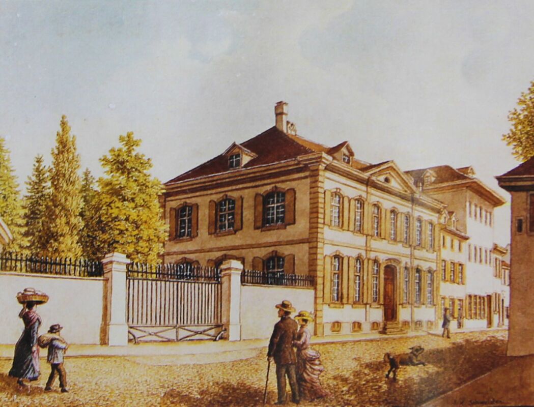 Historische Straßenszene mit herrschaftlichem Stadthaus