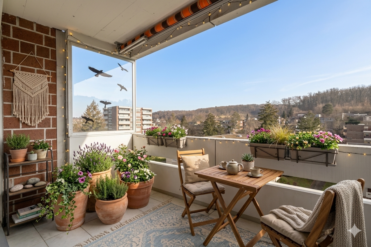Gemütlicher Balkon mit Pflanzen und Blick ins Grüne