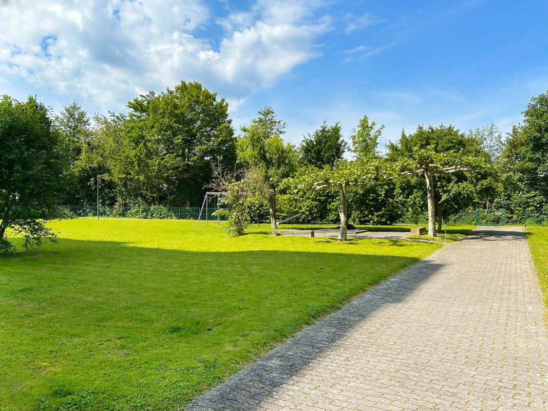 Großer Garten mit gepflastertem Weg