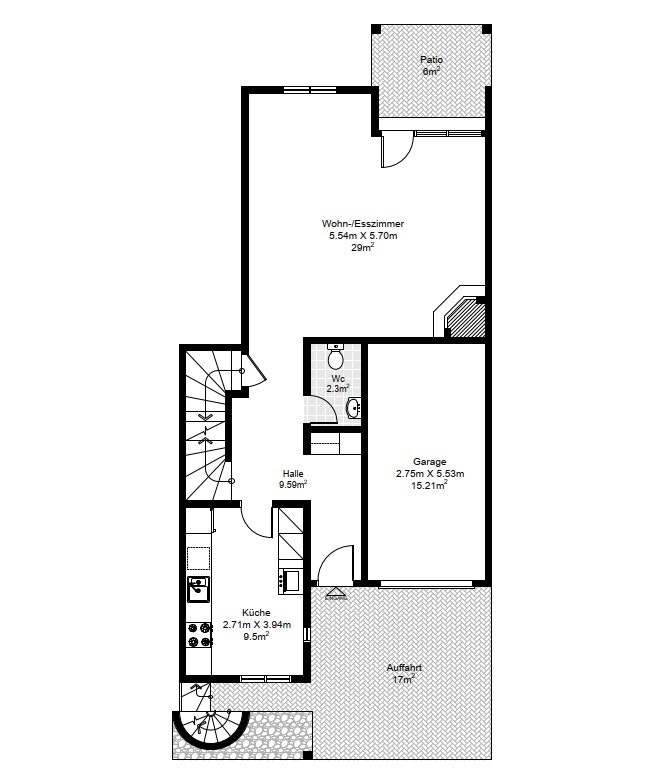 Grundriss mit Patio, Garage, Küche und Wohn-/Esszimmer