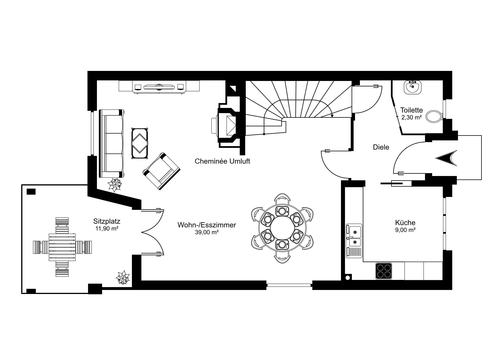 Grundriss eines Wohnbereichs mit Küche, Diele, Toilette und Sitzplatz