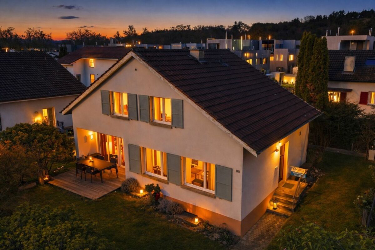 Freistehendes Einfamilienhaus bei Dämmerung