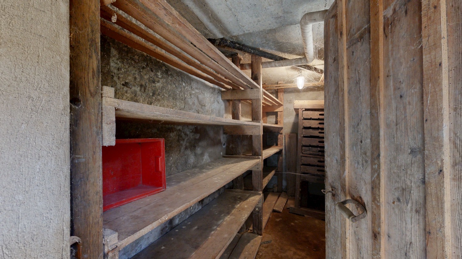 Rustikaler Keller- bzw. Lagerrraum mit Holzregalen