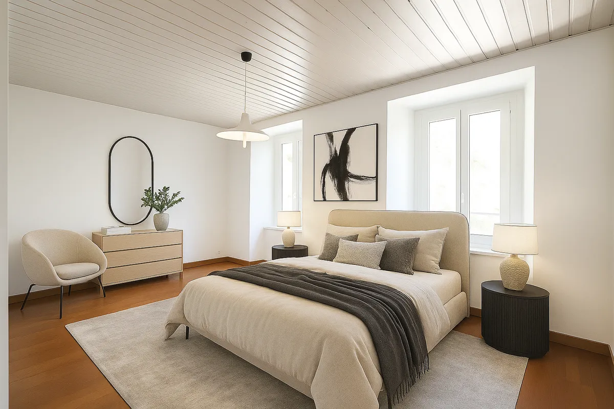 Helles, minimalistisches Schlafzimmer mit warmen Holzböden