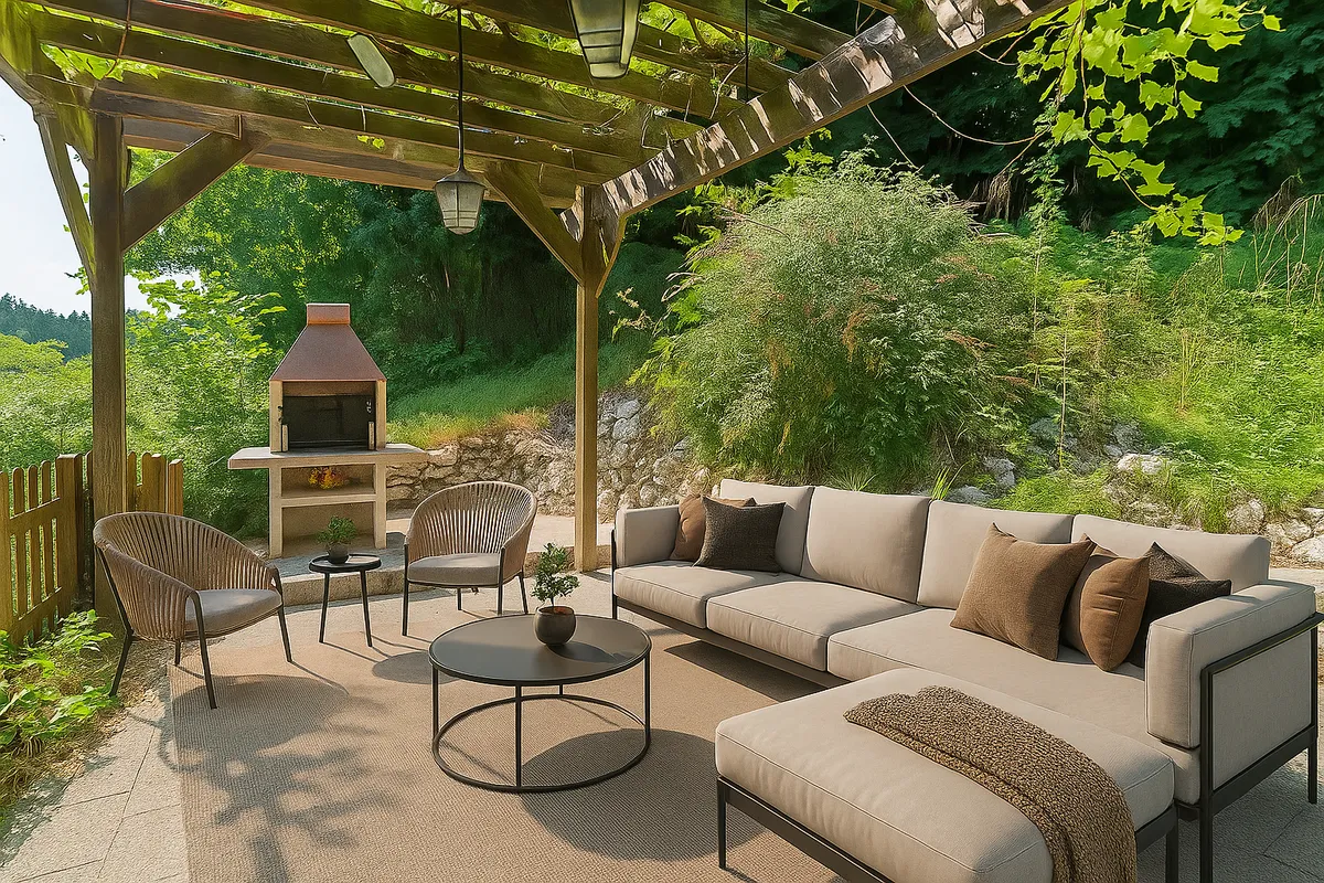 Überdachte Outdoor-Lounge mit Grill