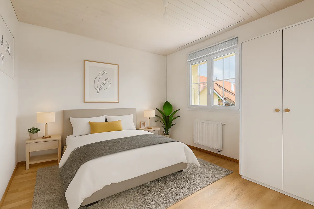 Helles, minimalistisches Schlafzimmer