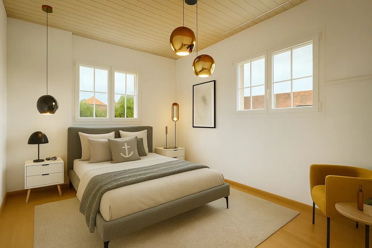 Helles Schlafzimmer mit goldenen Pendelleuchten