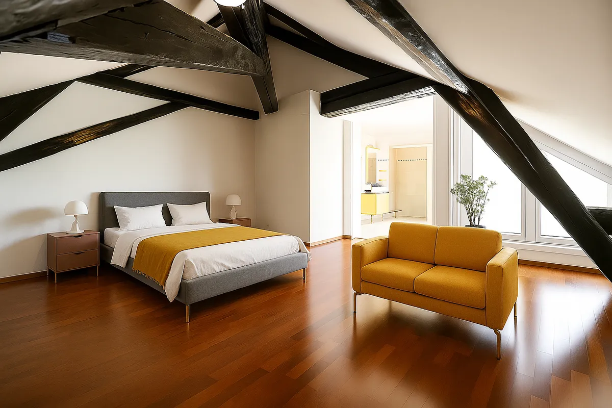 Schlafzimmer mit sichtbaren Dachbalken