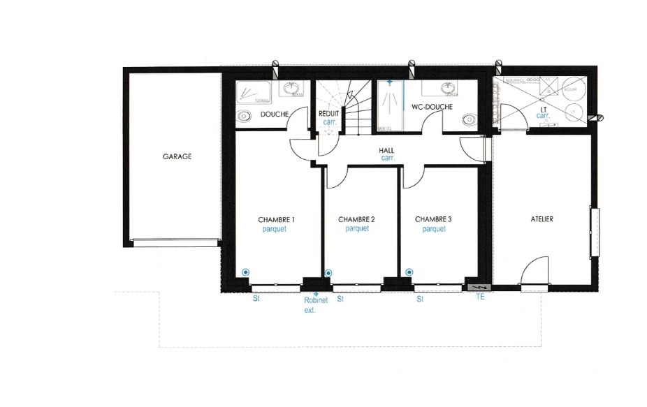 Grundriss eines Erdgeschosses mit Garage, drei Schlafzimmern, Bad, WC-Dusche, Reduit, Atelier und Flur