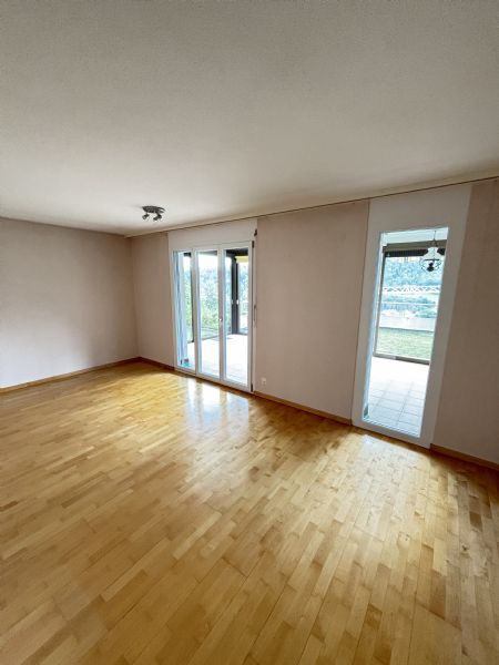 Heller leerer Wohnraum mit Parkett und Terrassentüren