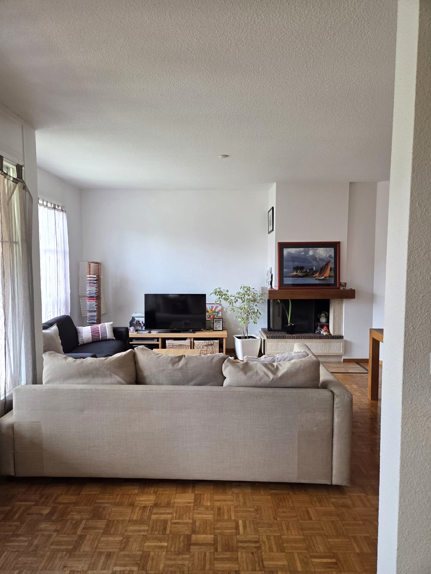 Wohnzimmer mit Kamin und Fernsehecke