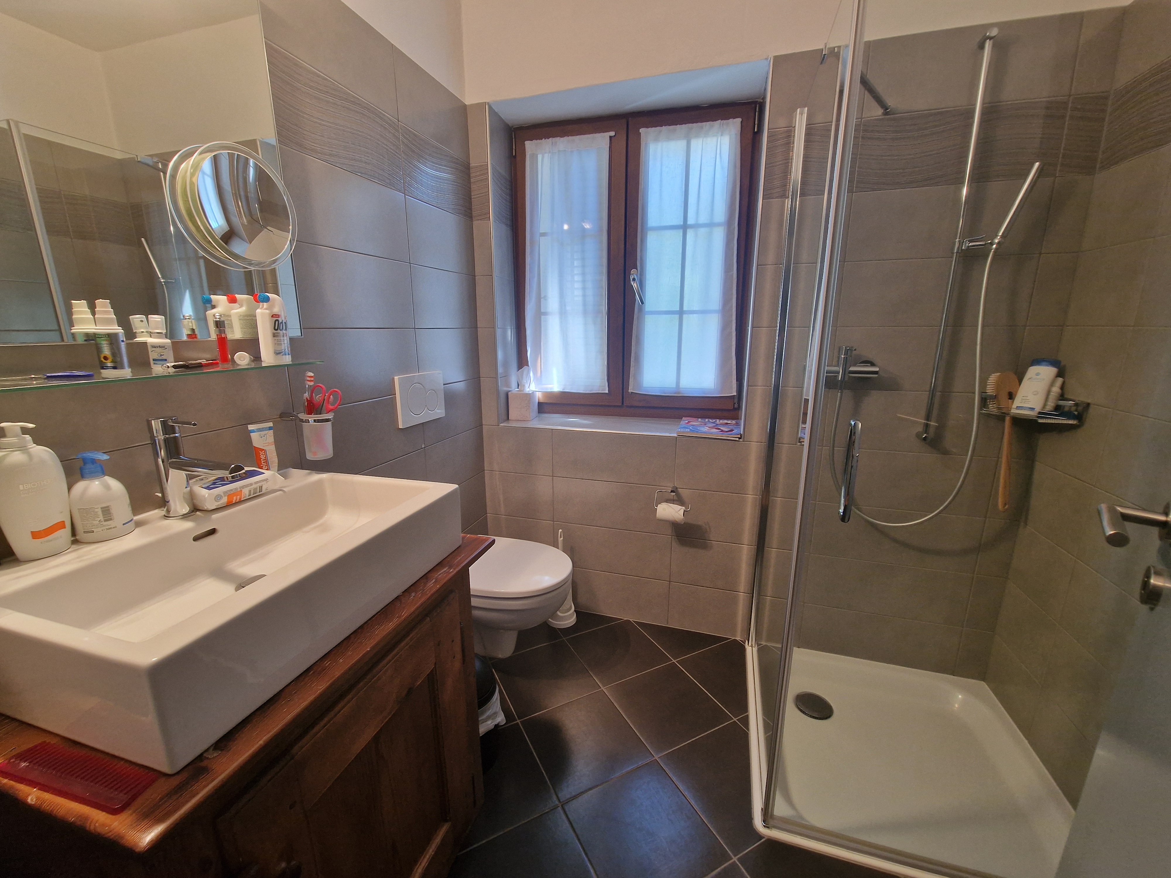 Modernes Badezimmer mit Dusche und Fenster