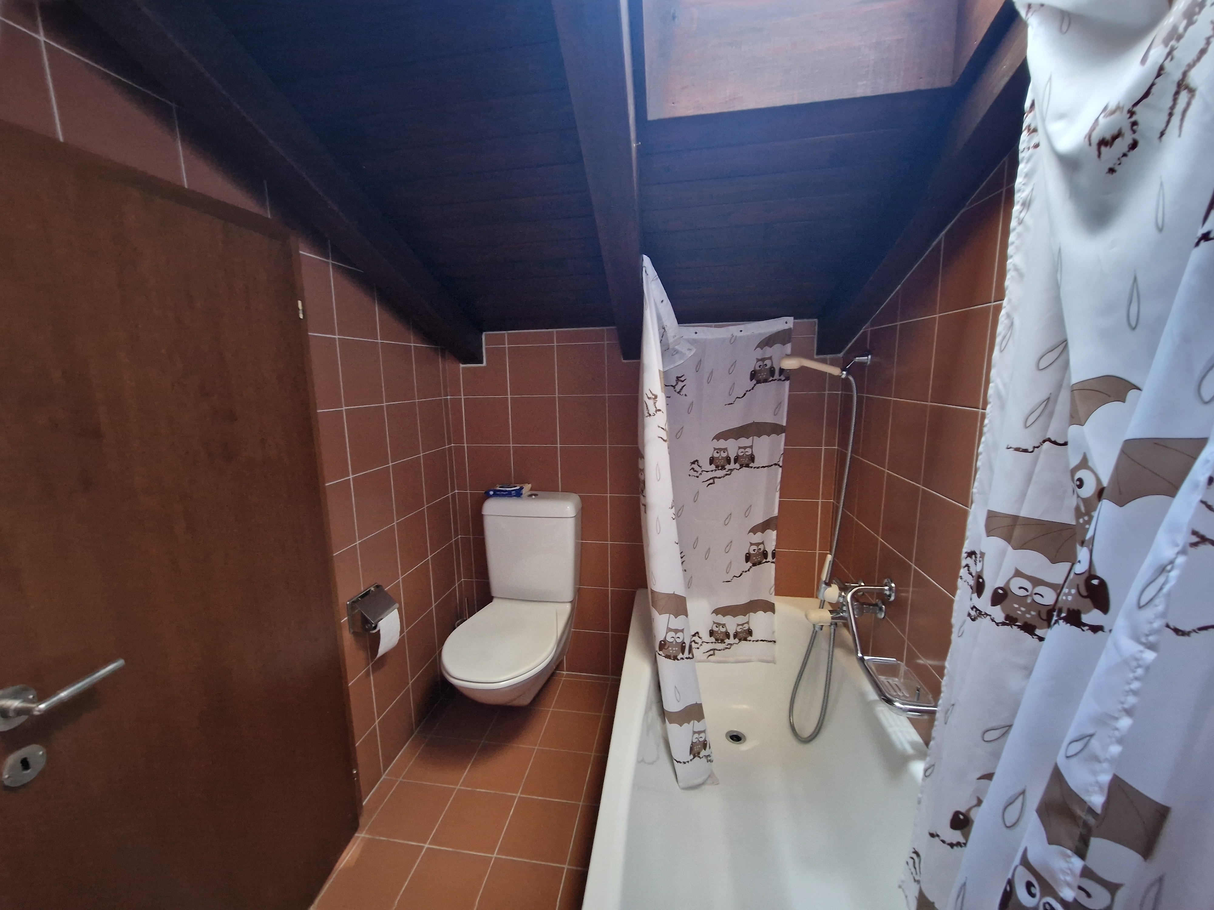 Kleines Badezimmer mit Badewanne, WC und Dachschräge