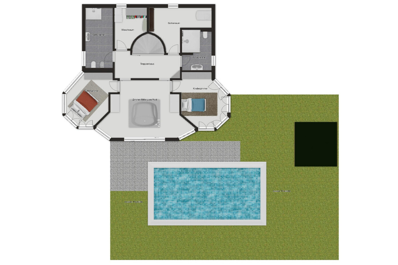 Grundriss mit Pool und angrenzenden Räumen