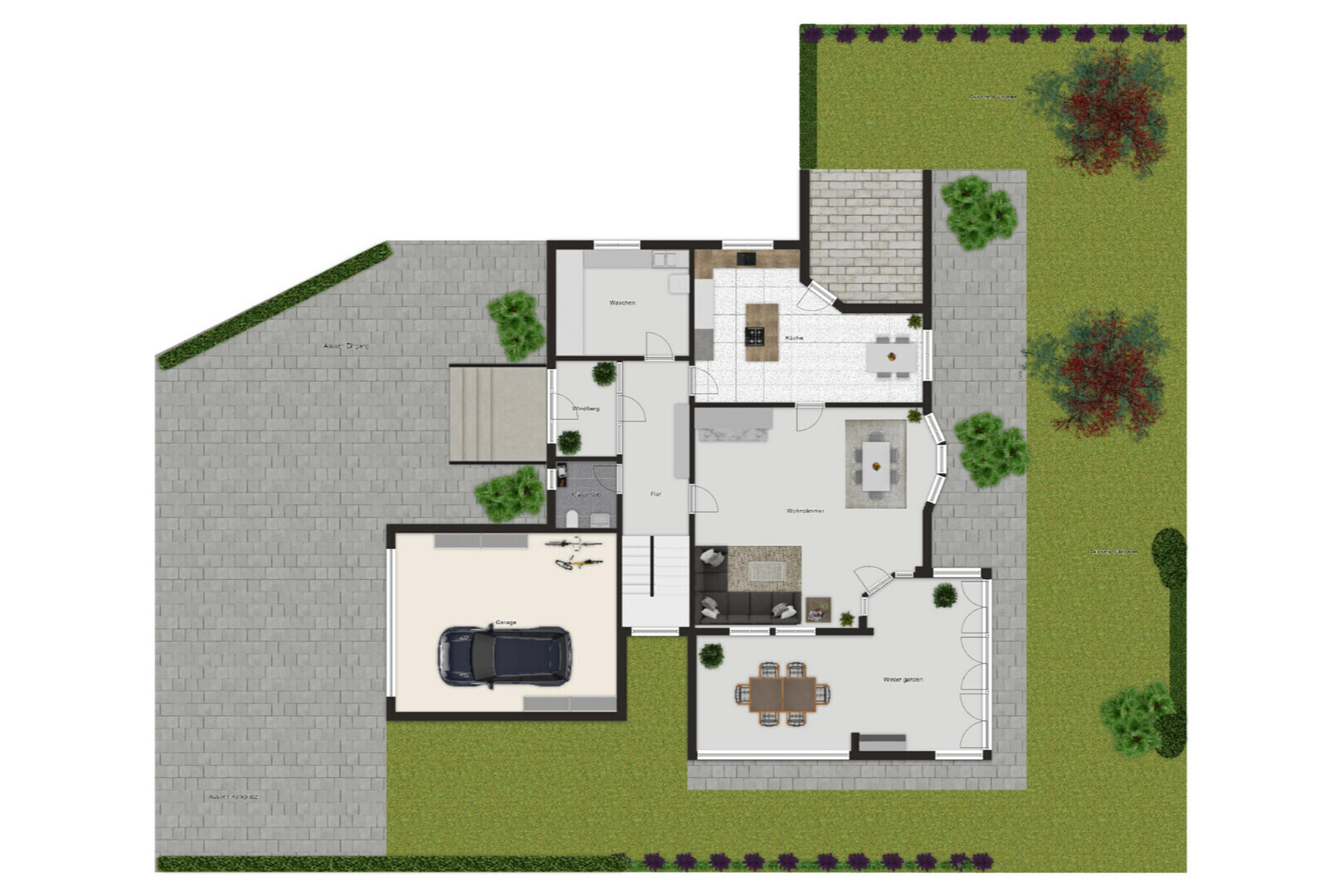 Grundriss eines Hauses mit Garage und Wintergarten