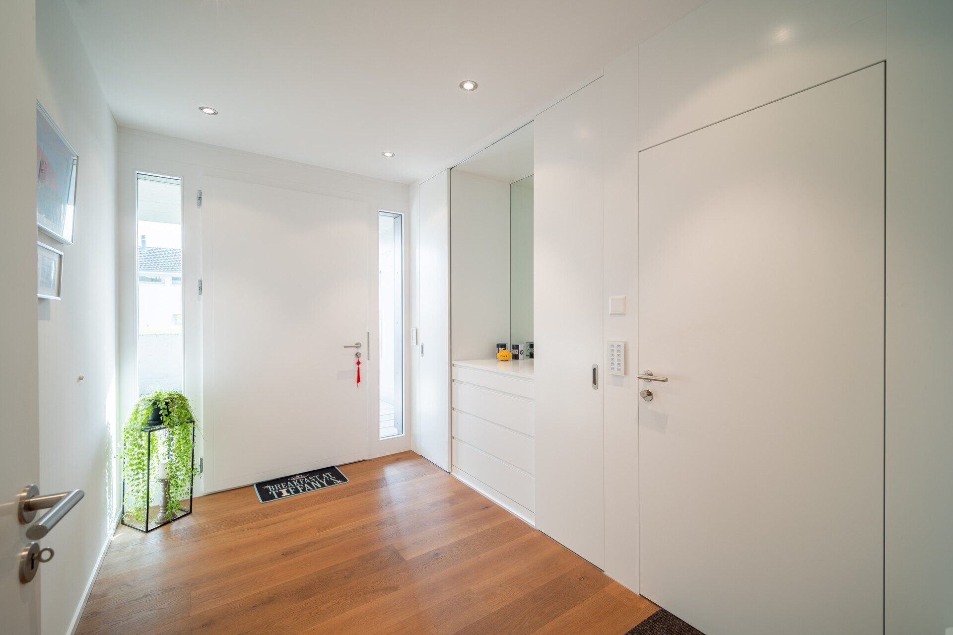 Heller Eingangsbereich mit weißem Einbauschrank und Holzfußboden