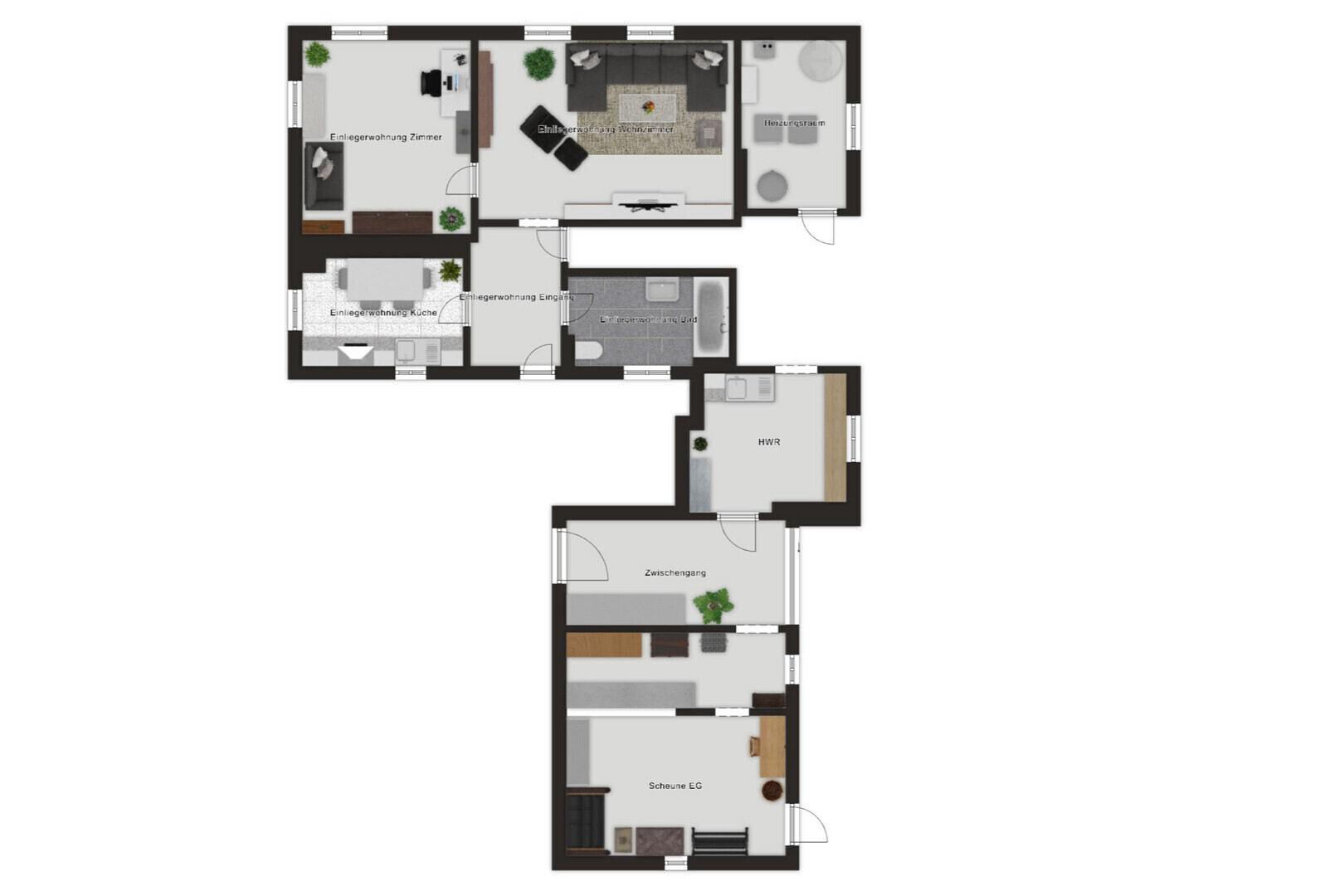 Grundriss einer Einliegerwohnung und Scheune
