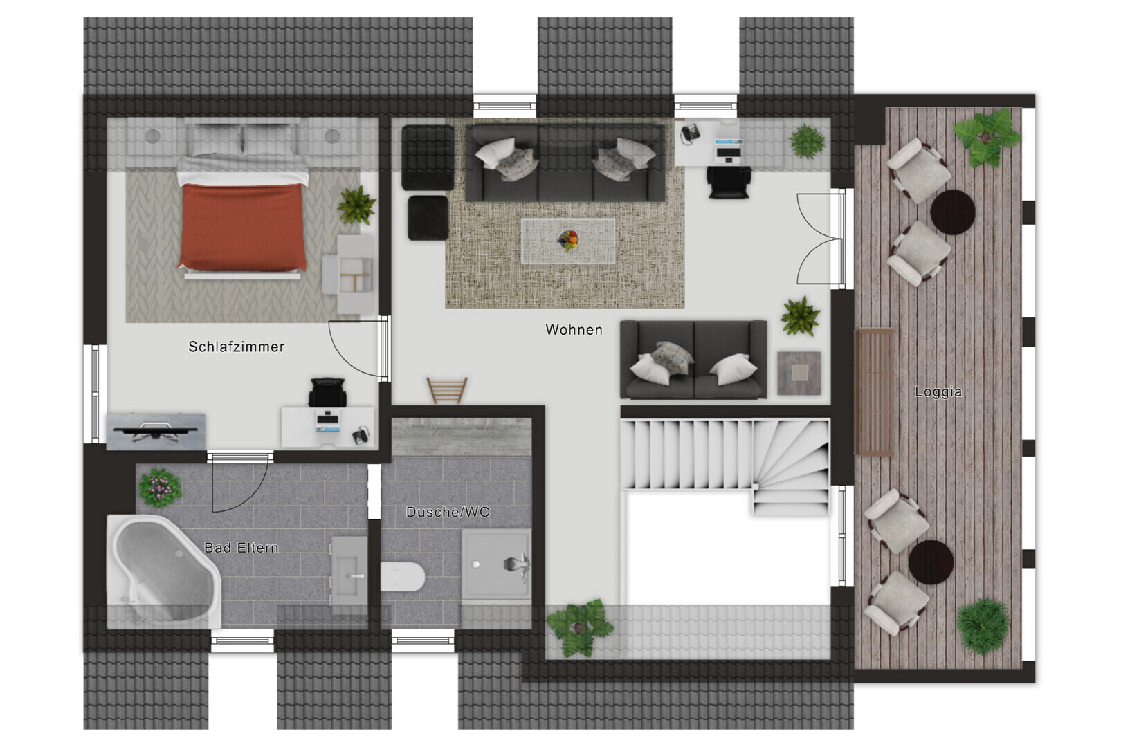 Grundriss einer Wohnung mit Schlafzimmer, Wohnen, Bad, Dusche/WC und Loggia