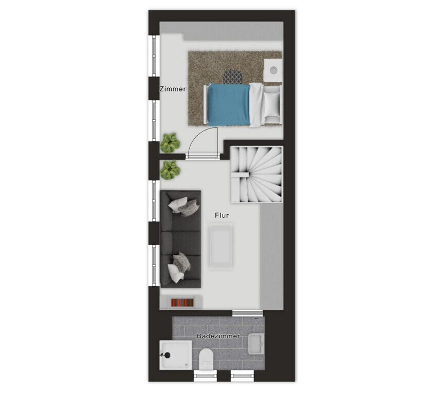 Grundriss einer schmalen Wohnetage mit Zimmer, Flur, Treppe und Badezimmer