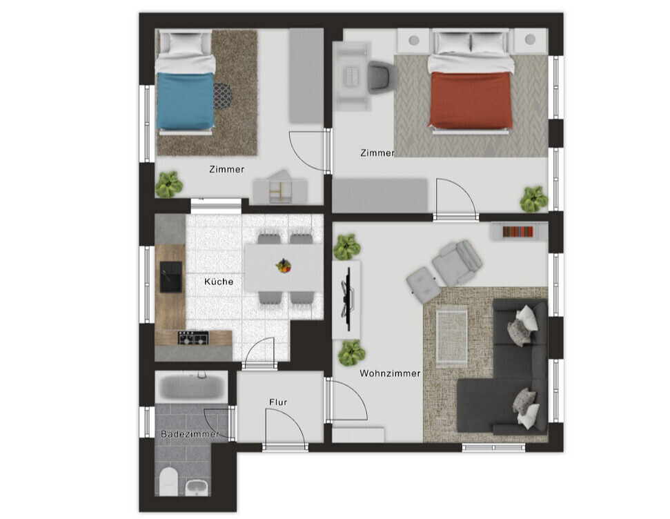 Grundriss einer Wohnung mit zwei Zimmern, Küche, Wohnzimmer, Flur und Badezimmer