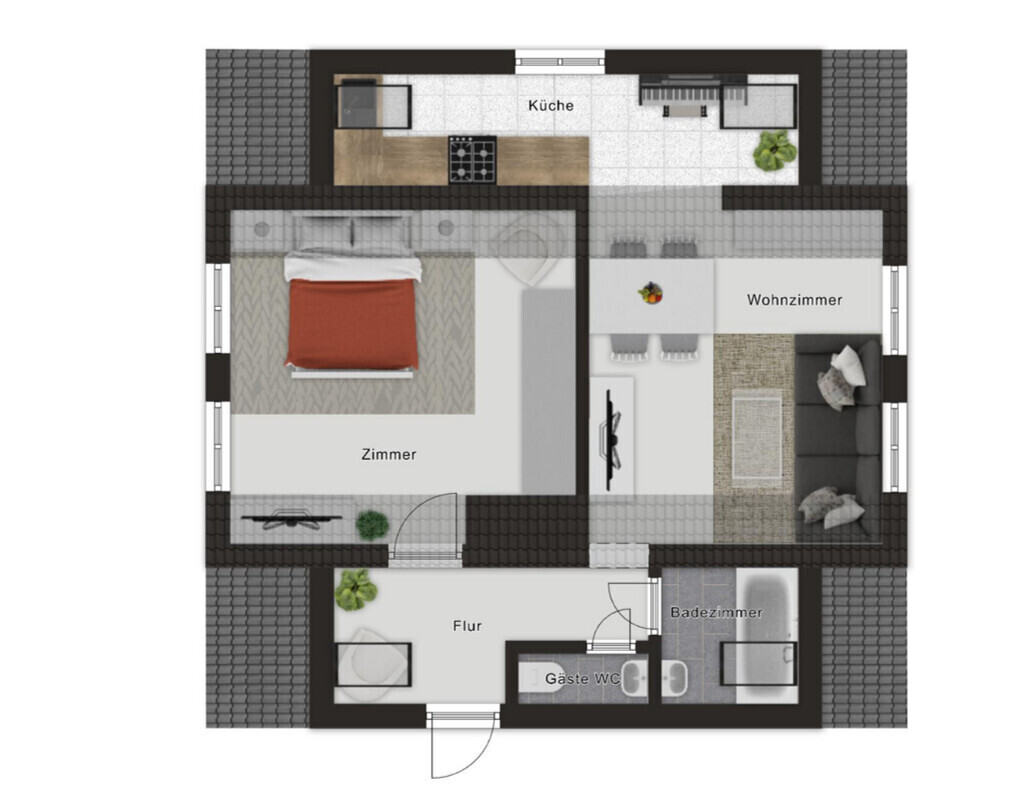 Grundriss mit Zimmer, Küche, Wohnzimmer, Flur, Gäste-WC und Badezimmer