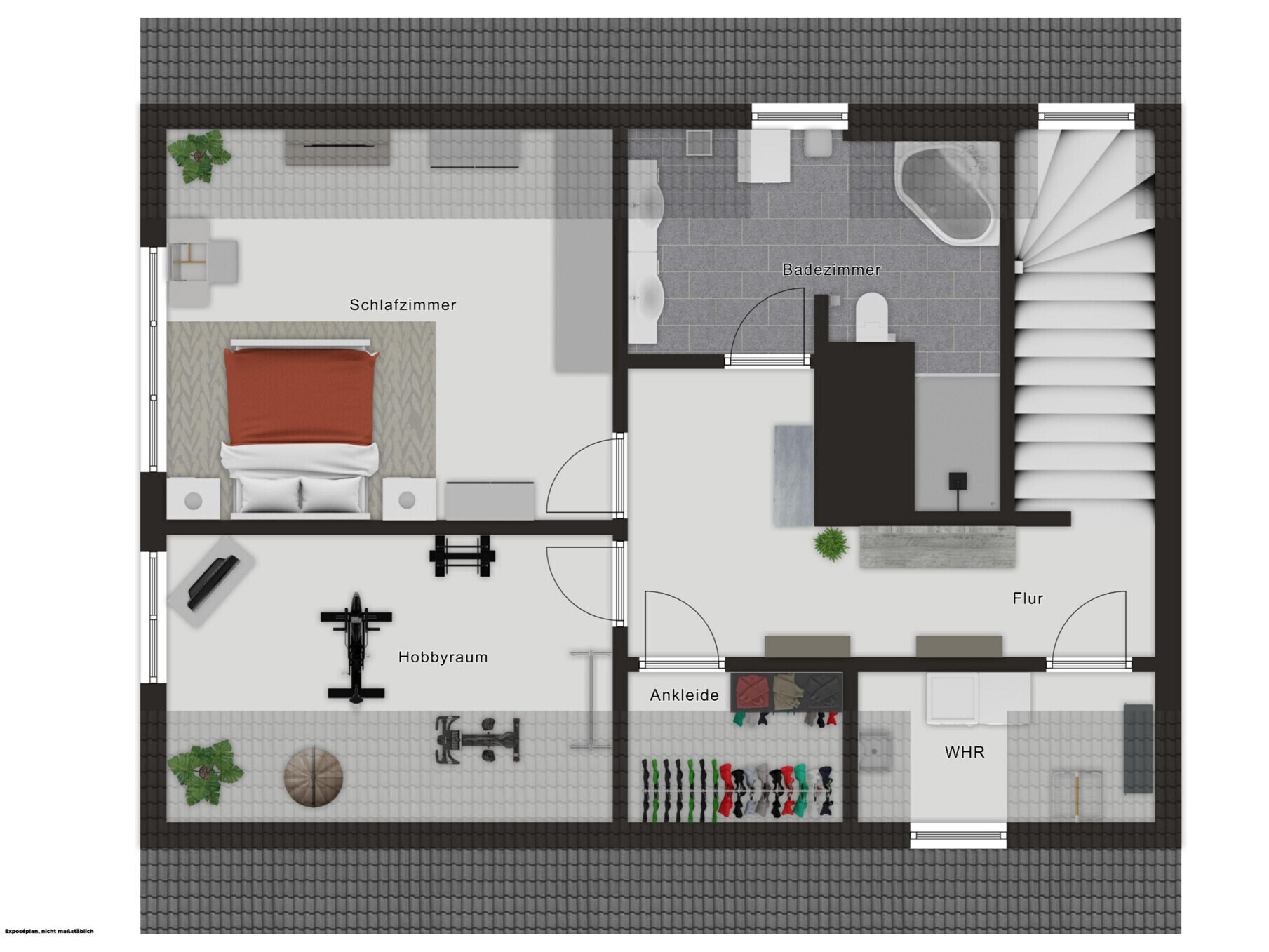 Obergeschoss-Grundriss mit Schlafzimmer, Hobbyraum, Badezimmer, Ankleide und Flur