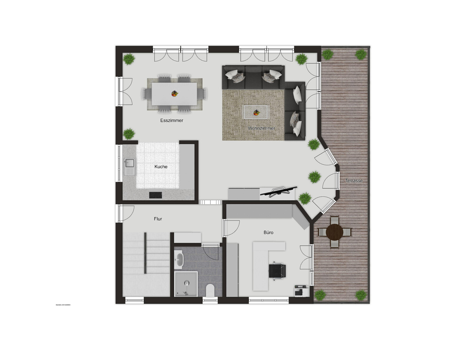 Grundriss mit Wohnen, Essen, Küche, Büro und Terrasse