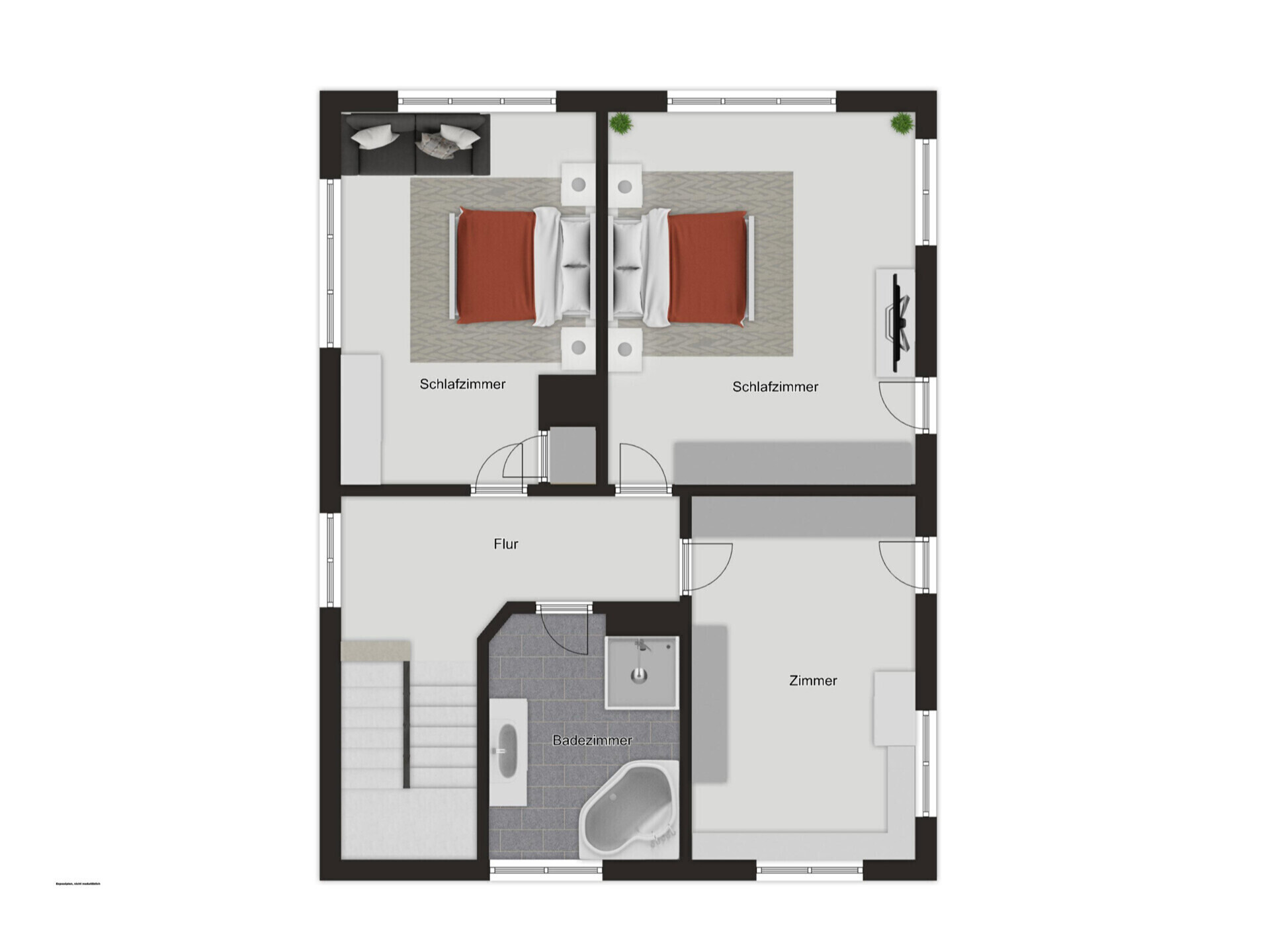 Grundriss eines Obergeschosses mit Schlafzimmern, Flur, Badezimmer und Treppe