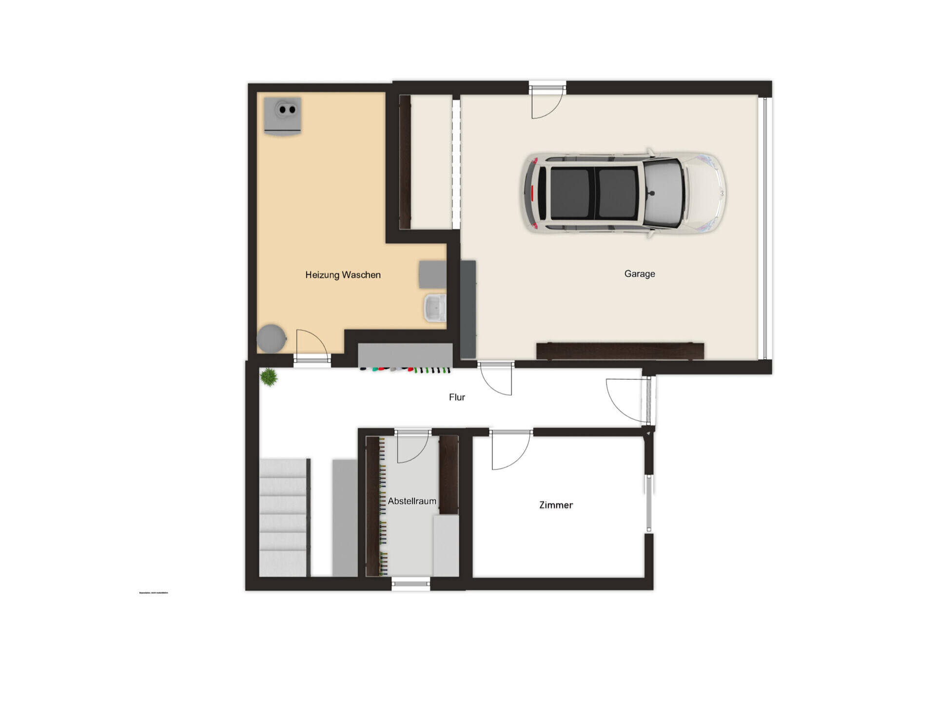 Grundriss mit Garage, Flur, Heizungs-/Waschraum, Abstellraum und Zimmer