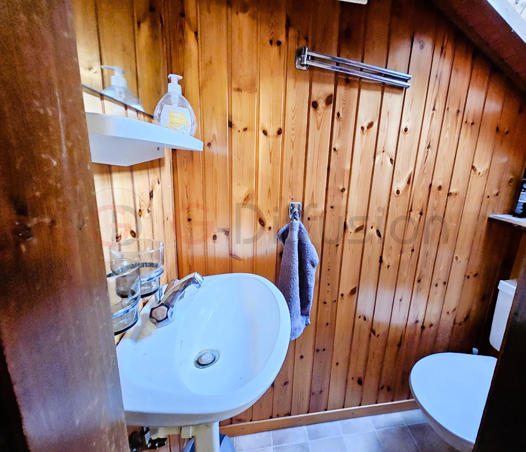 Kleines Holzbad mit Waschbecken