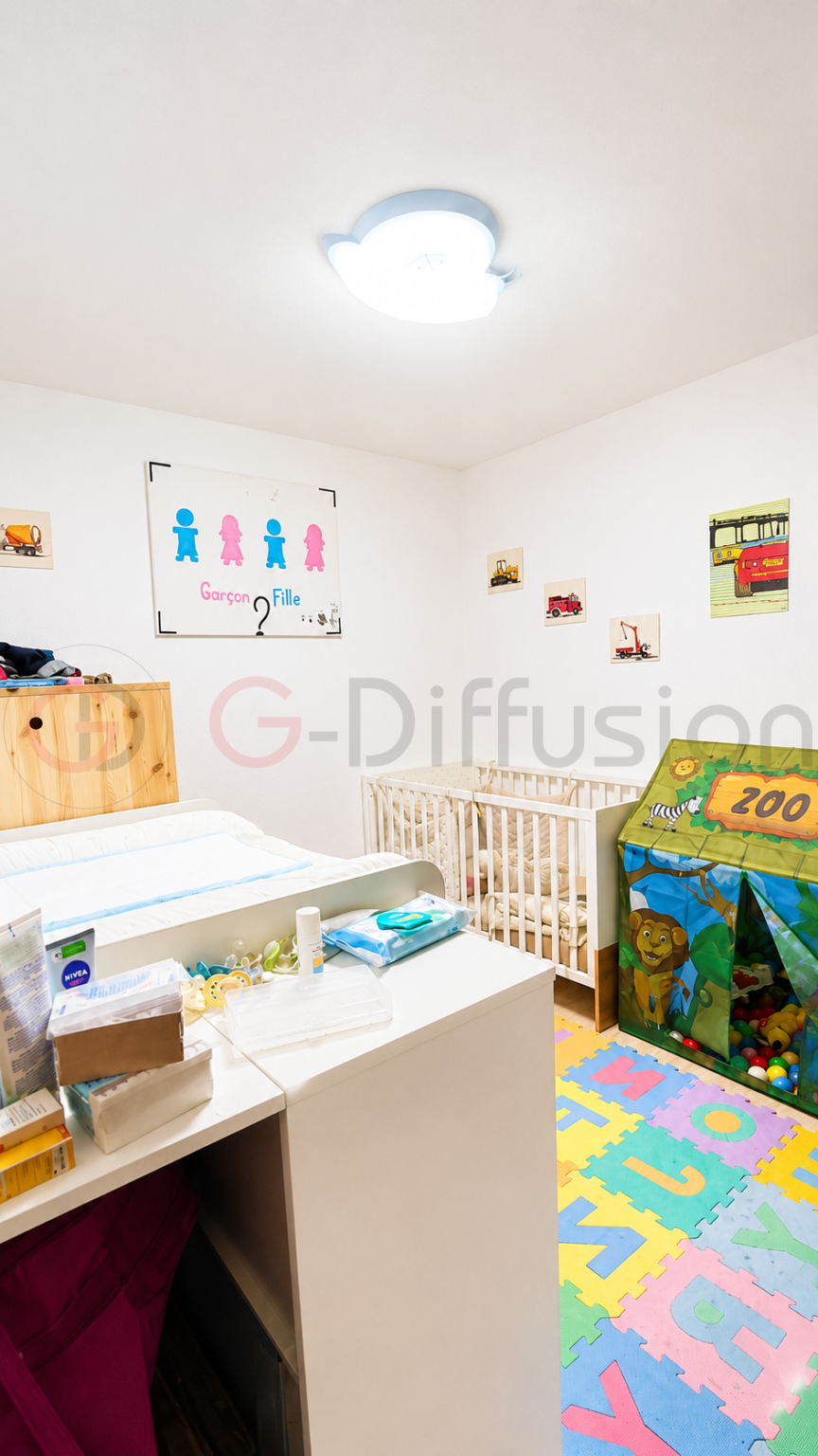 Kinderspielzimmer mit Spielmatte und Babybereich