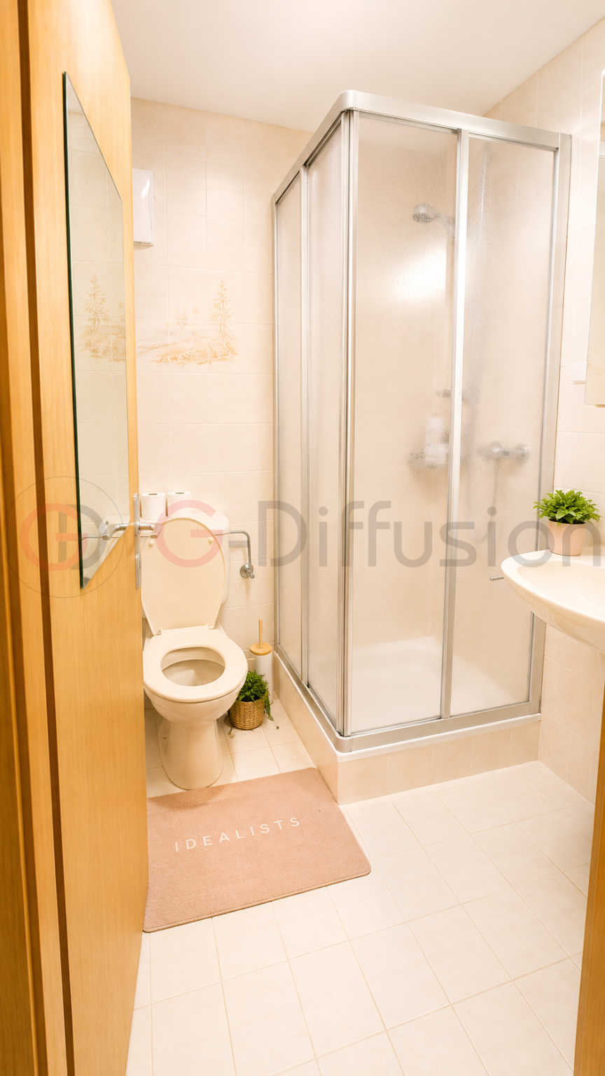 Kleines helles Badezimmer mit Dusche und WC
