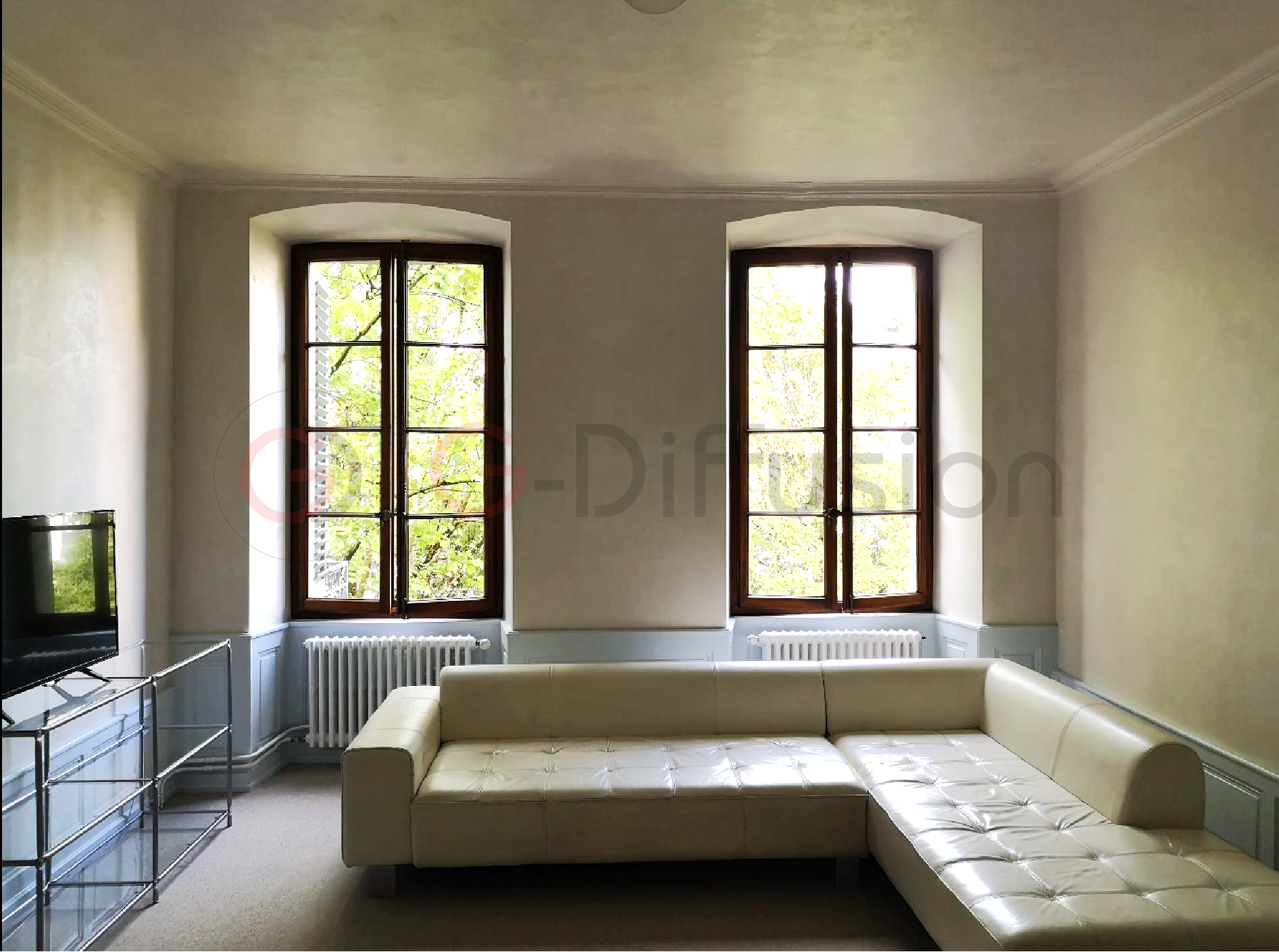 Helles Wohnzimmer mit Sprossenfenstern und Sofa