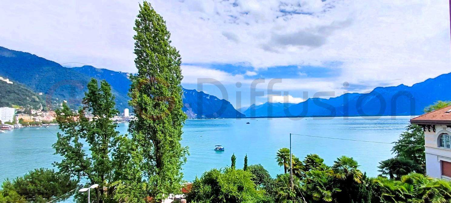 Seeblick mit Bergen und Vegetation