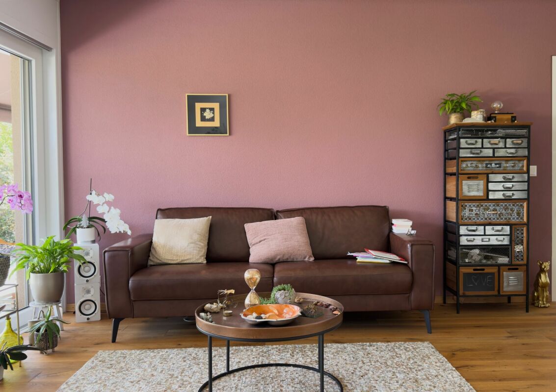 Gemütliches Wohnzimmer mit Sofa und rosa Akzentwand