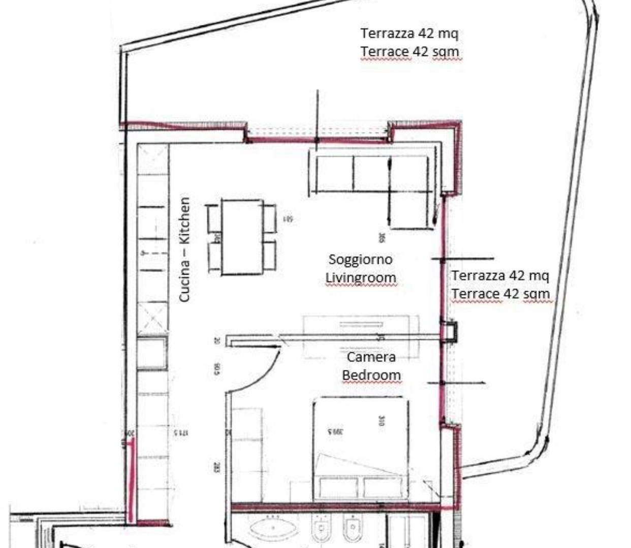 Grundriss mit Terrasse und offenen Wohnbereichen