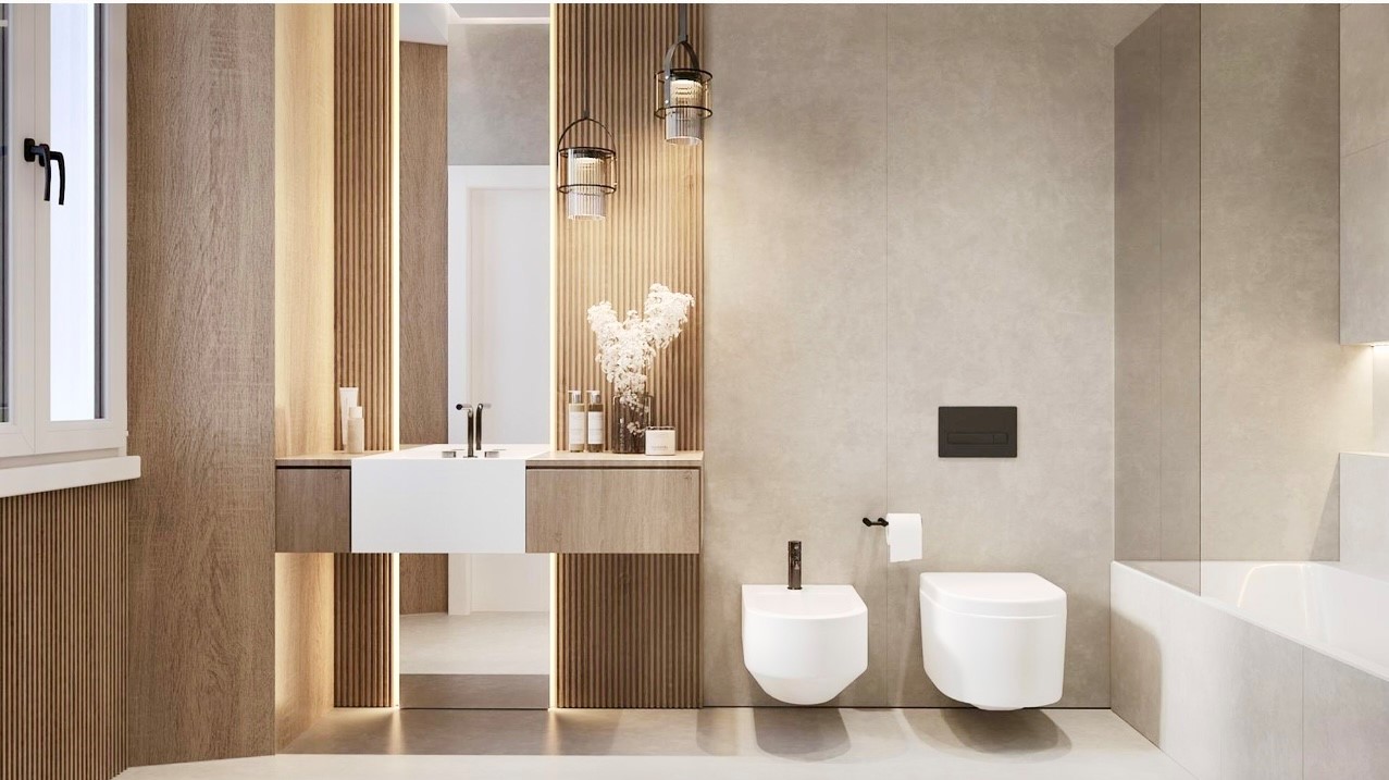 Modernes Badezimmer mit Doppelwaschtisch und Badewanne