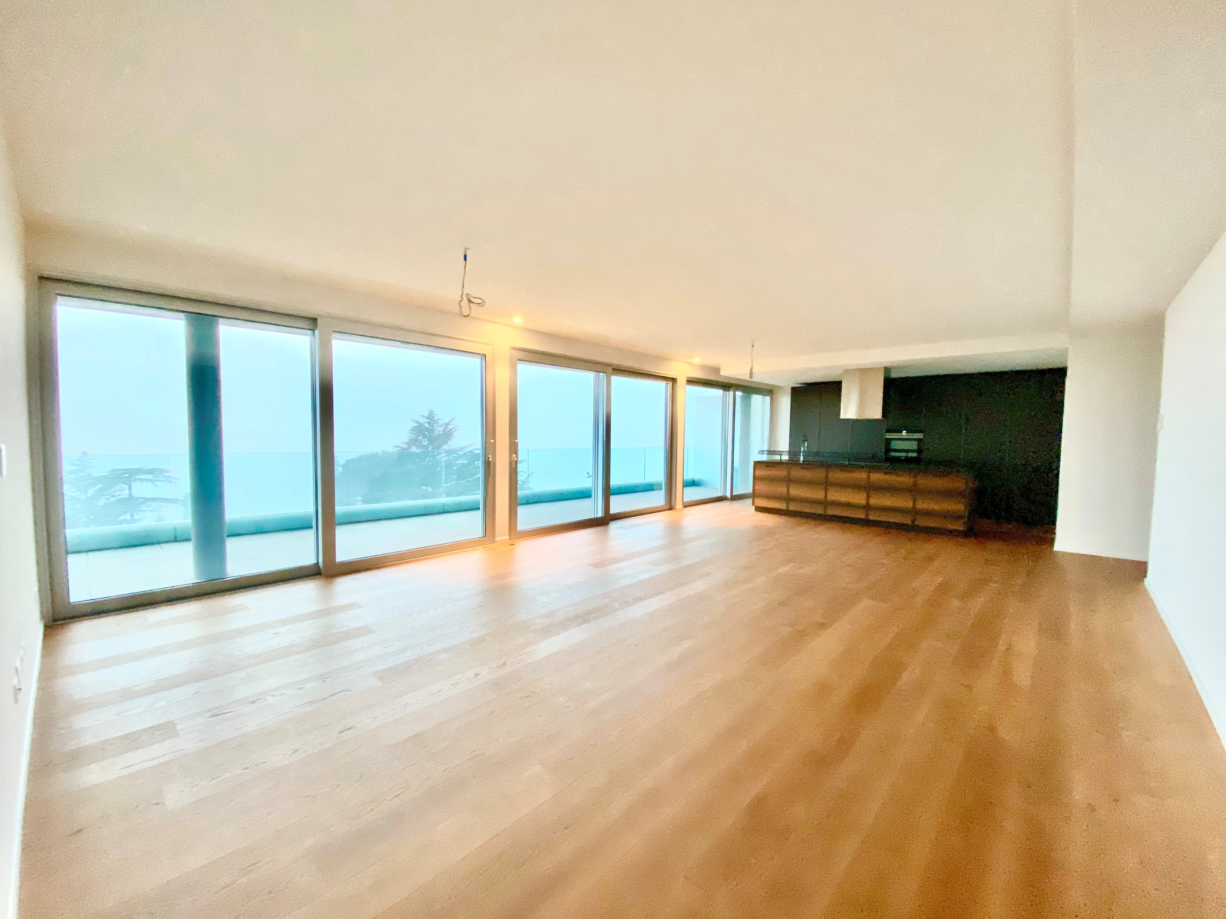Großer leerer Wohnraum mit Meerblick