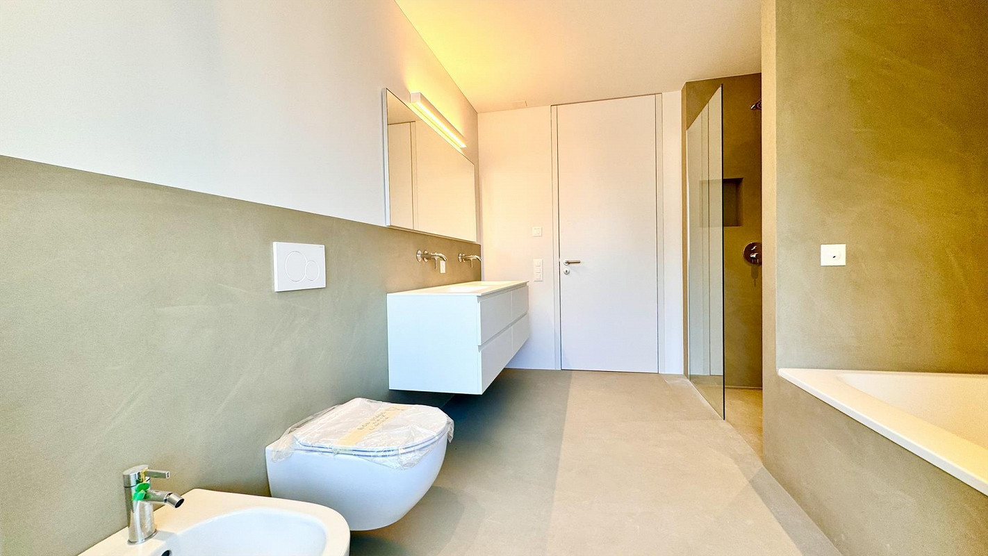 Modernes Badezimmer mit Bidet und Einbaumöbeln