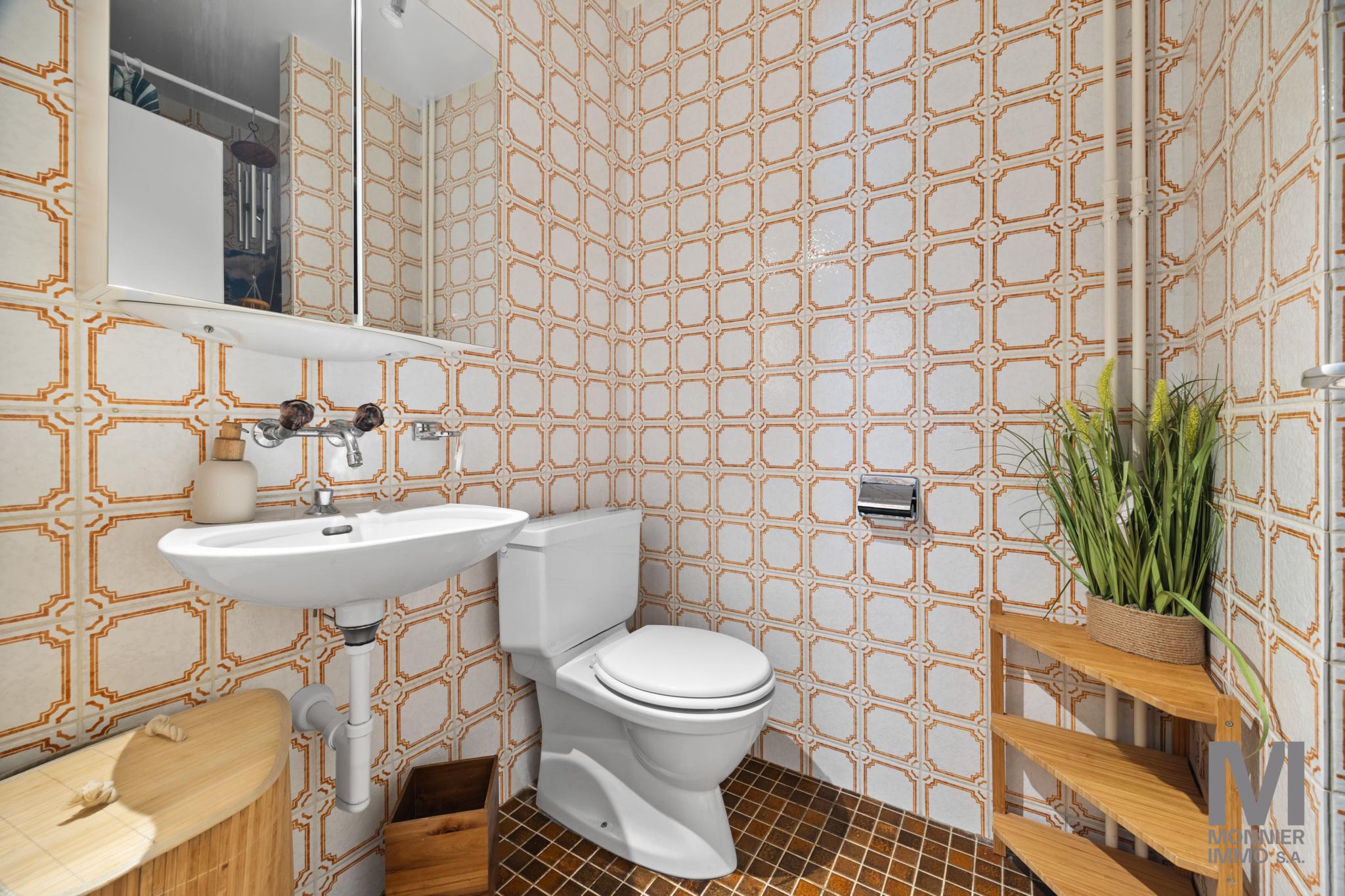Kleines WC mit Retro-Fliesen und Holzregal