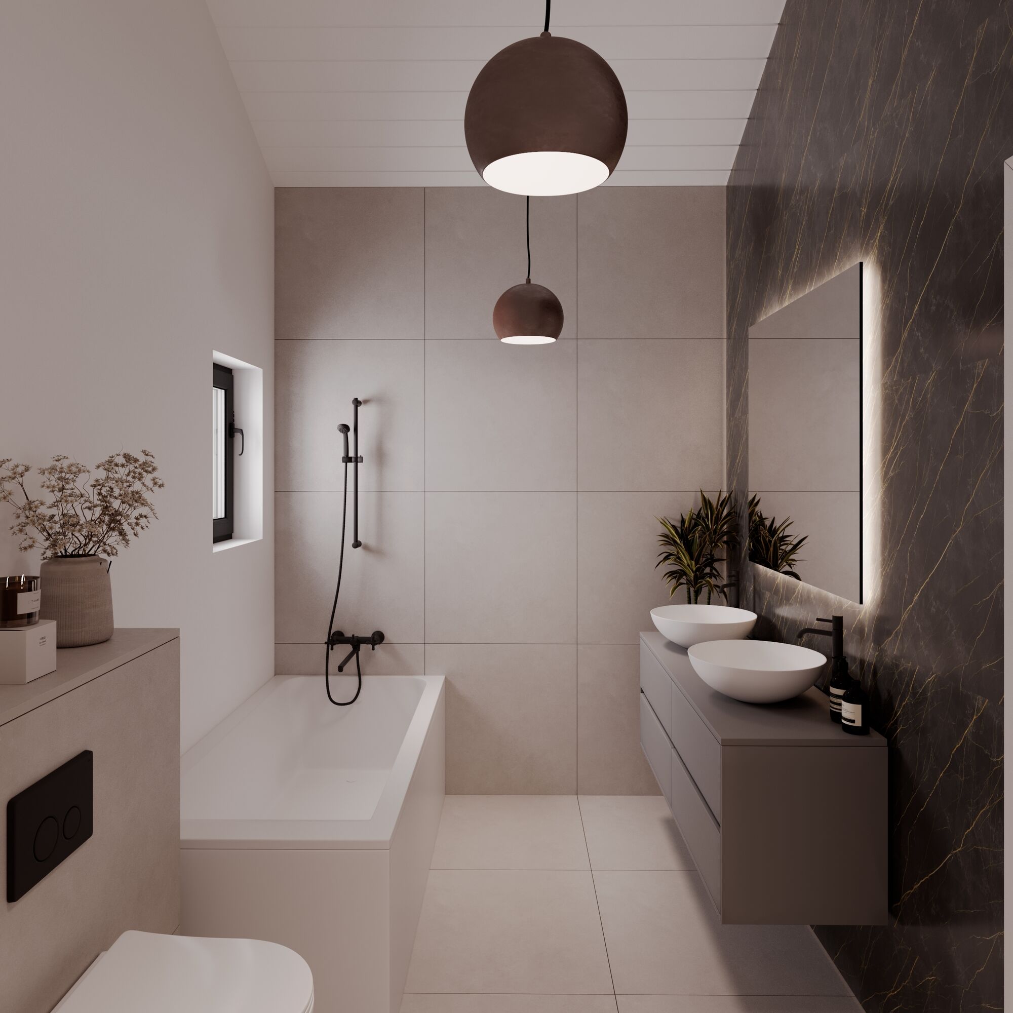 Modernes Badezimmer mit Doppelwaschbecken und Badewanne