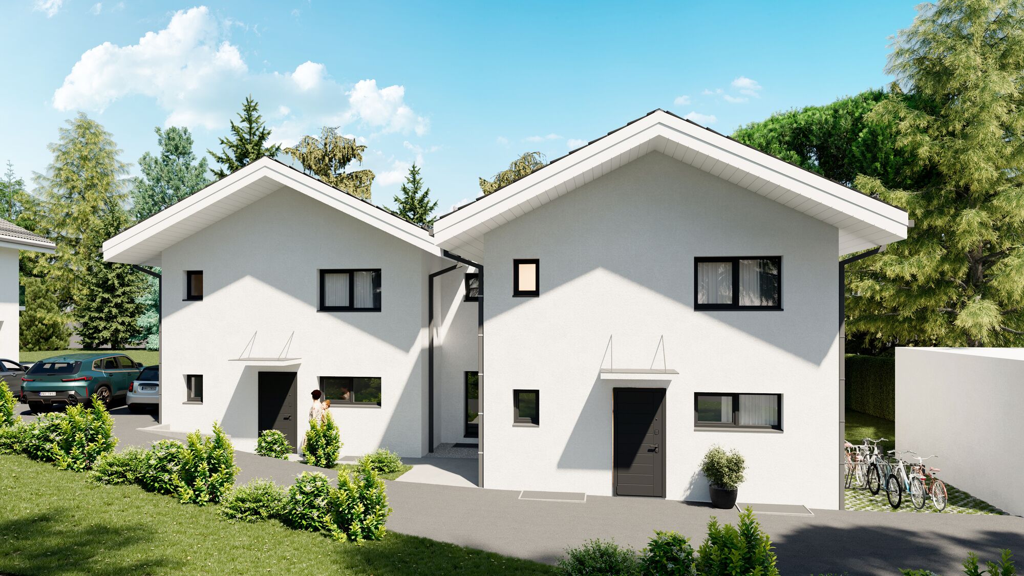 Moderne Doppelhaus-Ansicht mit Giebeldächern