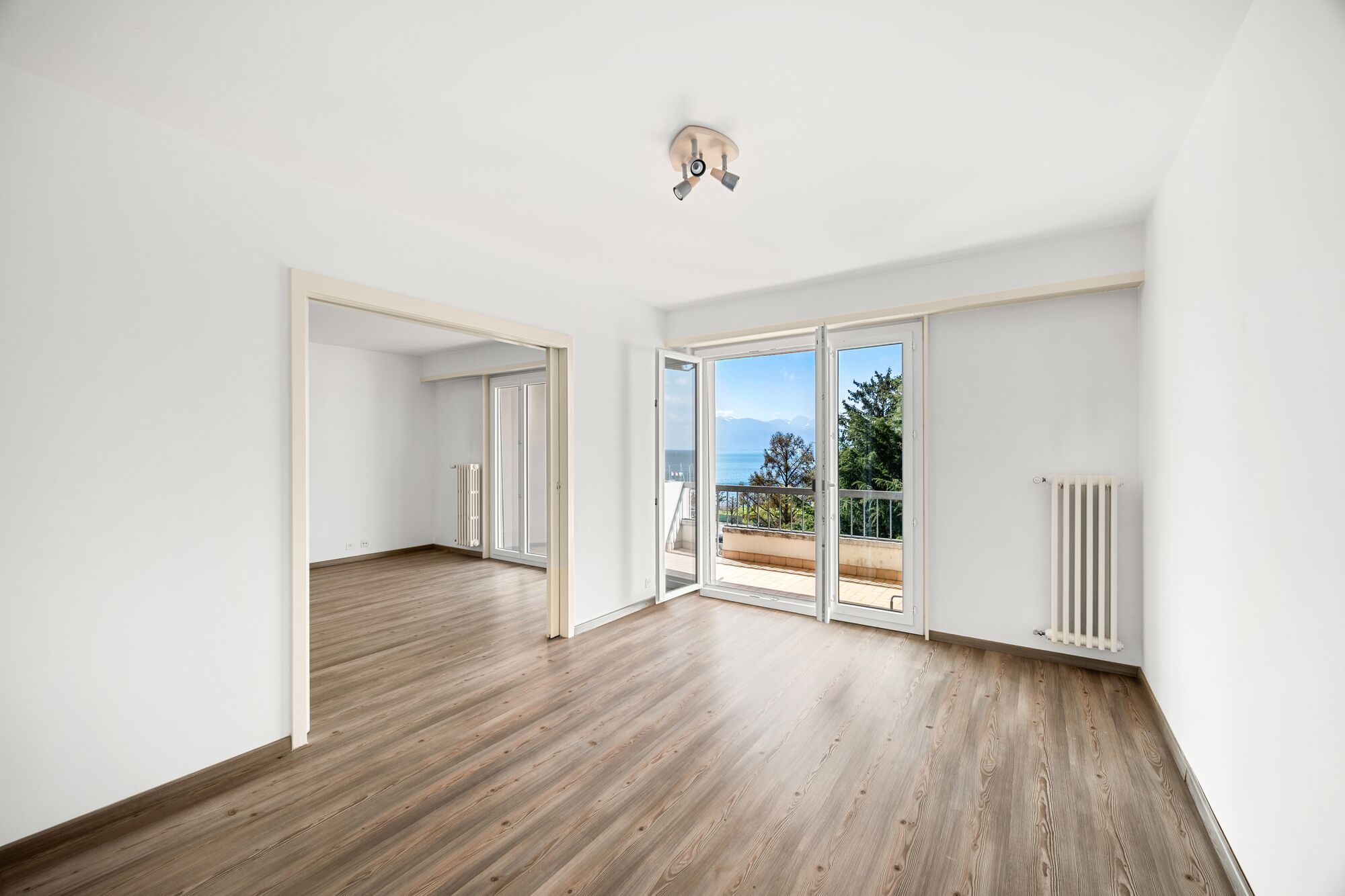 Heller leerer Wohnraum mit Balkonblick